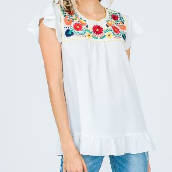 White Embroidery Blouse With Flutter Sleeves - Picture 1 of 3